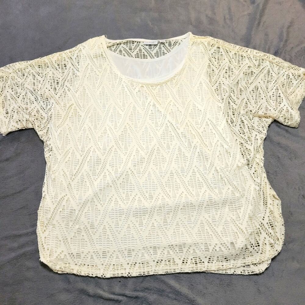 Kim Rogers Shirt Women XL Petite Cream Bat Wing Lace Blouse White Undershirt Top